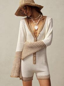 Bohemela BOHO Women's Vacation Casual Contrast Color Stripe Flare Sleeve Knit Jumpsuit