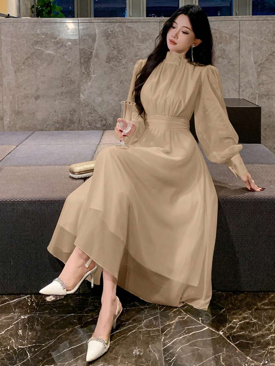 DAZY 女士宴会/约会系带宽松中长款连衣裙舞会礼服优雅秋季连衣裙 - 杏色 - 查看 1