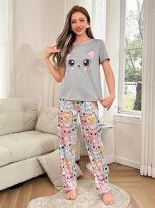Conjunto de pijama de pantalón y manga corta con estampado de gato lindo para mujer - Multicolor - Ver 5