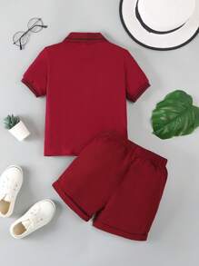 SHEIN 男童两件套，时尚夏季男童服装，男婴短袖套装，夏季时尚童装 - 酒紅色 - 查看 2