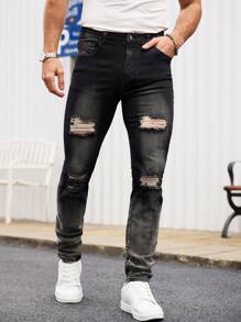Manfinity Homme Men's Black Denim Ripped Jeans: Stylish Distressed Long Jeans With Zipper Detail - Black - View 5