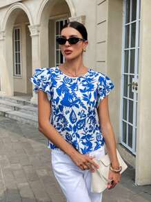 SHEIN Frenchy Women's Round Neck Double Layer Frill Sleeve Floral Print Vacation Blouse
