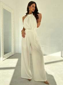 Firerie Women's Elegant Simple Precise Romantic Sweet Sexy Commute Office Wedding Guest Vacation Party Music Festival Halter Backless Sleeveless Blouse And High Waist Bow Wide Leg Straight Pants White Suit, Spring/Summer - White - View 2