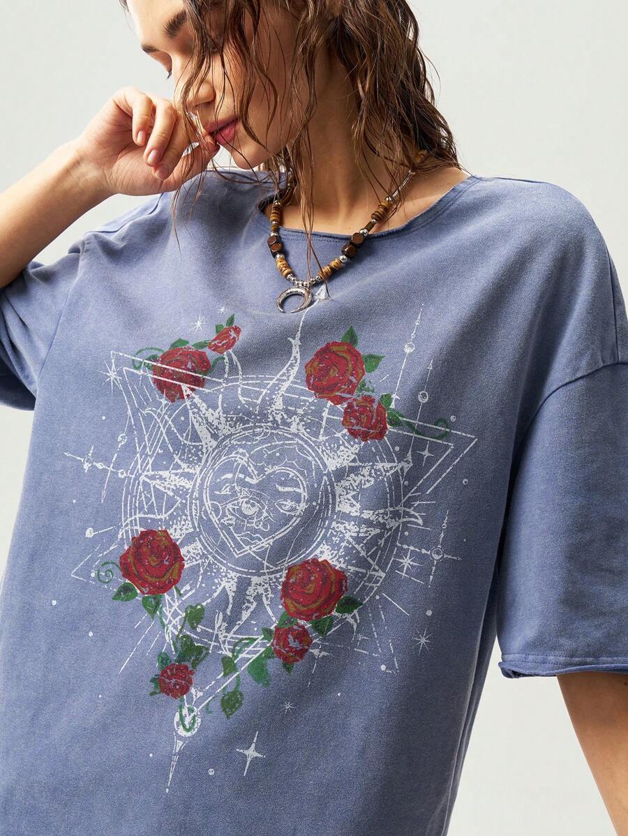 Bohemela Boho Basic Color Knitted Round Neck Short Sleeve Loose Wash Women T-Shirt - Dusty Blue - View 1