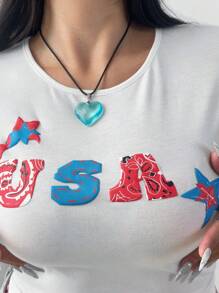 Flirla Plus Size Embroidered Short Sleeve Round Neck Slim Fit Casual T-Shirt, Summer