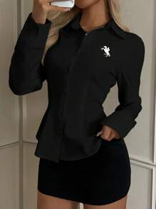 SHEIN EZwear 女式新款刺绣装饰黑色修身长袖衬衫 - 黑色 - 查看 3
