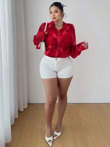 Elenzga Plus Size Bloemen All Over Print Lantaarn Mouw Losse Casual Shirt