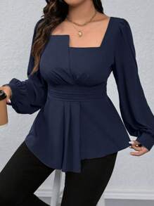 Calvaya Kemeja Kasual Wanita Ukuran Plus dengan Bahu Asimetris, Kerah Bulat, Hem Berkerut, dan Lengan Lentera yang Diikat, Cocok untuk Perjalanan Musim Gugur. - Navy Blue - View 3