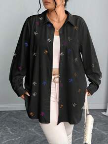 Elenzga Casual Romantic Pink Bow Print Blouse, Valentine's Gift Women Shirt ValentinesPink Lover Bow Fall Cloth For Women - Black - View 4