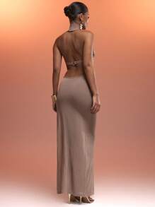 MUSERA Vestido largo de punto ligero y ajustado con cuello alto y espalda baja con abertura, sexy, para primavera-verano, vacaciones en la playa, elegante, para boda, invitada