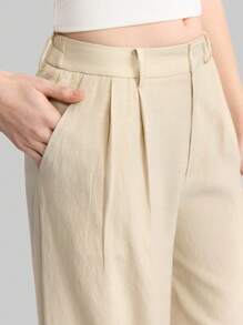 Ontre Linen Pants Woemen Pleated Slanted Pocket Casual Straight Leg Suit Pants In Beige Office Outfits For Women - Apricot - View 5