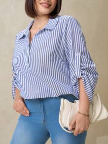 SHEIN Clasi Plus Size Women's Rolled Sleeves Casual Elegant Striped Workplace Shirt, Women's Tops, Elegant Camisole, Women's Shirts, Black Shirts, Ladies Summer Clothing,
