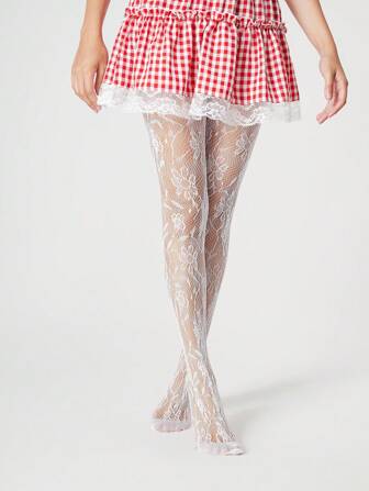 Kawaii Vintage Hottie Sweet Rose Lace Fishnet Pantyhose Floral Vines Stockings, Japanese Lolita Sexy Style, Suitable For Daily Date Outfit