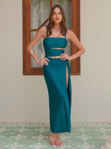 Swim Oasis Conjunto de 2 piezas para mujer: Traje de baño elegante de una sola pieza con decoración hueca de metal y vestido pareo de playa largo con cordón, para verano