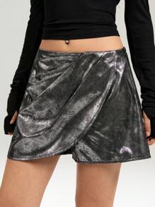 LYSMO Women's Metal Texture Pleated Loose Fashion Culottes - Silver - View 8