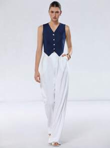 SHEIN Privé Women's Commuter-Style V-Neck Hemline Split Metallic Button Denim Effect Cropped Top - Blue - View 1
