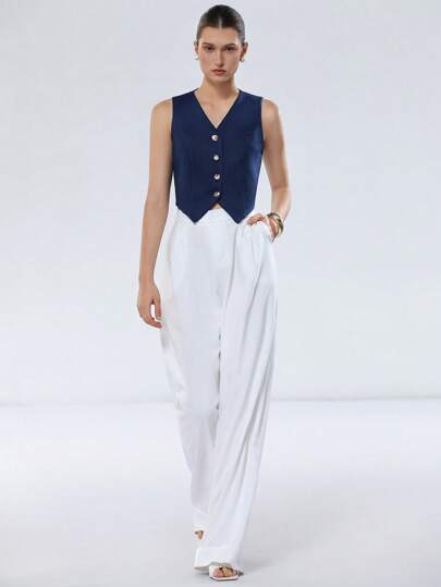 SHEIN Privé 女士通勤风V领开衩金属纽扣牛仔效果短款上衣