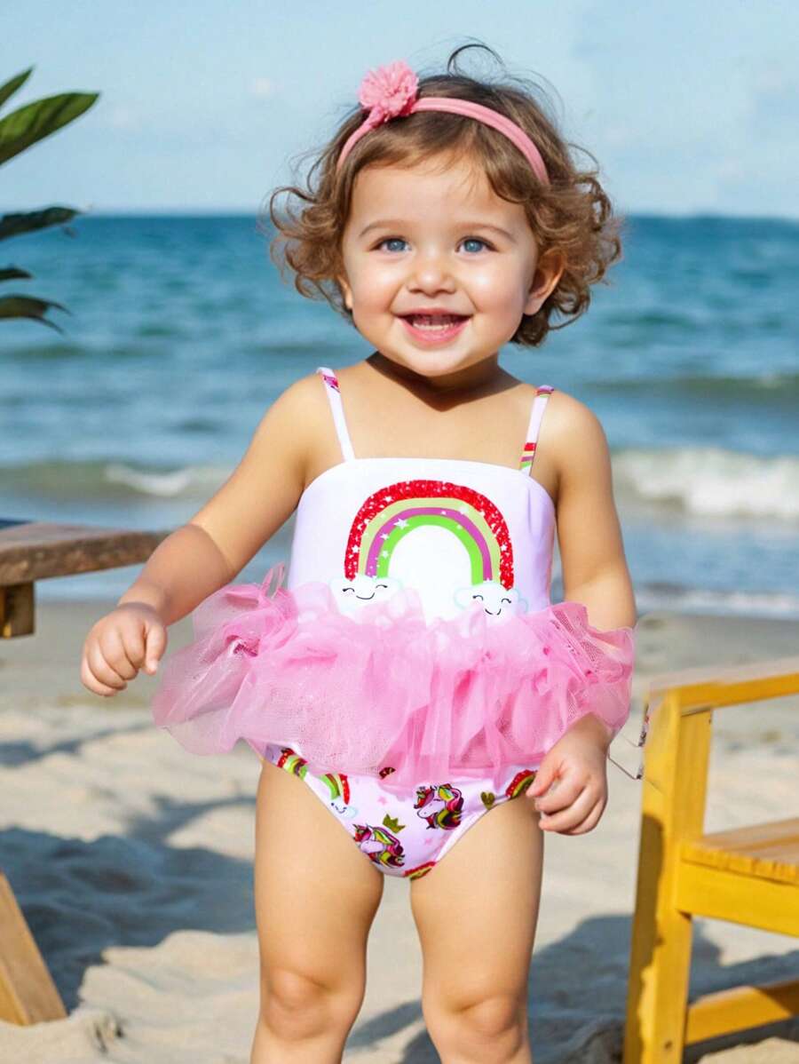 Baby Girl Rainbow Print Contrast Mesh Ruffle Detail One-Piece Swimsuit - Multicolor - View 1