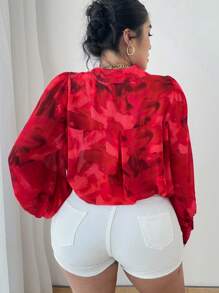 Elenzga Plus Size Bloemen All Over Print Lantaarn Mouw Losse Casual Shirt
