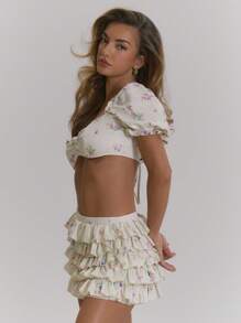 MUSERA Ditsy Floral Lines Chiffon Puff Sleeve Frill Ruched Bust Cropped Sexy Elegant Cute Dainty Fields Going Out Tops Elegant Spring Summer - Multicolor - View 2