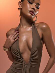 MUSERA Halter Neck Ruched Drape Detail Fitted Slinky Maxi Dress Sexy Ibiza Fits Spring Summer Vacation Beach Wedding Guest Holiday  New Year Thanksgiving   Winter - Khaki - View 5