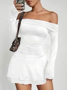 SHEIN Unity 1 件女士休闲、日常、通勤、购物红色褶皱露肩连衣裙，双层荷叶边下摆，适合新年衣服 - 白色 - 查看 6