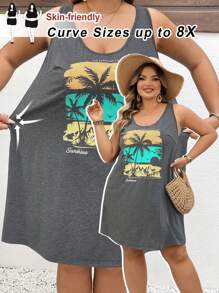 SHEIN CURVE+ Large Women's Minimalist Vacation Pattern Sleeveless Dress, Suitable For Spring/Summer Beach Holiday - Dark Grey - View 1