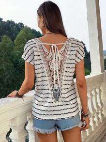 SHEIN VCAY Women's Summer Boho  T-Shirt Knit Stripe Knot Front Flower Embroidered Panel Back V-Neck Summer T-Shirt  Loose Fit Women T-Shirt Casual Women T-Shirt Summer Casual T-Shirt Rave T-Shirt Going Out Vacation T-Shirt Summer T-Shirt Beachwear Summer T-Shirt For Women Summer T-Shirt Beach Outfits For Woman Summer T-Shirt Rave Outfits Festival Vacation Outfits Woman
