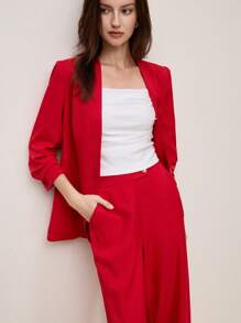 BizChic Red Mid-Sleeve Women Blazer With Wide-Leg Pants Ladies Suit Set, Spring/Summer - Red - View 7