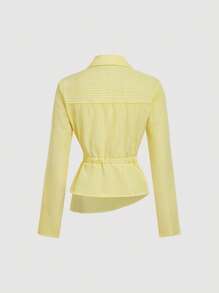 SHEIN MOD قميص نسائي أصفر وأبيض مخطط ذو ياقة منقلبة وأكمام طويلة للعمل ، كاجوال للنساء ، طراز التسعينيات ، للخريف ، كاجوال للنساء ، للعودة إلى المدرسة ، بلوزات نسائية ، ملابس علوية للخروج ، قميص بأكمام طويلة ، بلوزات عمل نسائية لعيد الحب