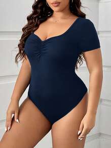 CovetEZ Plus Size Minimalist Solid Color Ruched Rhinestone Collar Bodysuit - Navy Blue - View 6