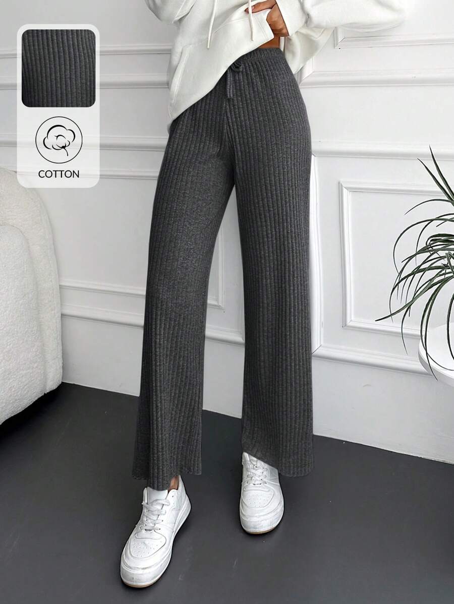EURMUSE Cotton Solid Ribbed Knit Straight Leg Pants - Dark Grey - View 1