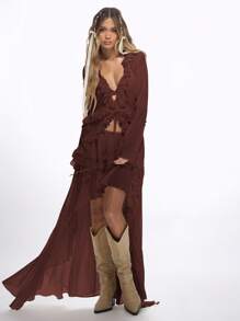 MISSGUIDED Ruffled Longline Blouse Fall Winter Festival Boho Chic Prairie Victorian Style Front Tie Long Sleeve Top Western Cottage Core Fashion Peasant - Chocolate Brown - View 4