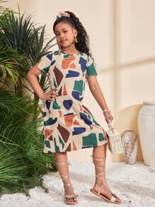 SHEIN Tween Girls' Loose Casual Minimalist Comfortable Round Neck Pullover Short Sleeve Geometric Print Dress - Apricot - View 5