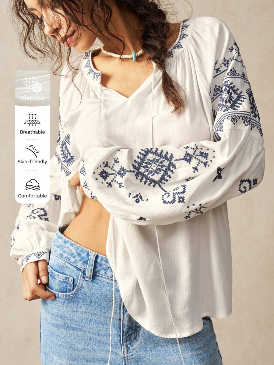 Bohemela 女士休闲纯色编织刺绣长袖宽松衬衫 - 白色 - 查看 1