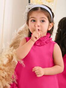SHEIN Baby Girls' Ruffle Collar 3D Floral A-Line Short Sleeve Jacquard Satin Dress, Suitable For Birthday Gift, Wedding Party And Etc. - Hot Pink - View 7