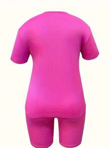Maweii Women Plus Spring Summer Cartoon Letter & Character Print Round Neck Short Sleeve Casual T-Shirt And Shorts Set - Hot Pink - View 2