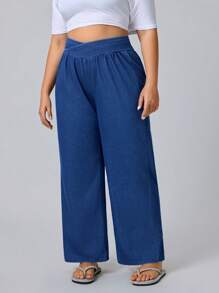 SHEIN Essnce Cross Waist Casual Versatile High Stretch Knit Baggy Jeans - Dark Wash - View 6