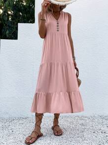 EMERY ROSE Button Detail Layered Hem Smock Dress Maxi Women Outfit - Pink - View 5