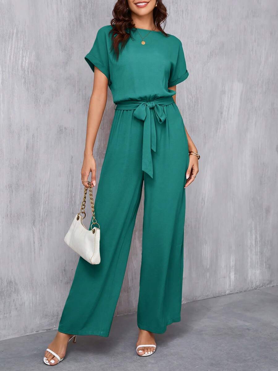 SHEIN Clasi Women's Elegant Round Neck Jumpsuit With Belted Waist & Wide Leg - Green - View 1