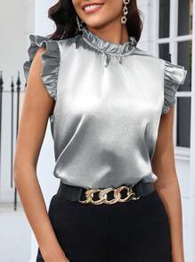 SHEIN Clasi Women's Solid Color Ruffle Collar Loose Elegant Satin Cap Sleeve Blouse