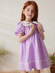 Blossori Gaun Tenun Kerah Lebar Longgar Elegan Gaya Prancis untuk Anak Perempuan Musim Semi/Panas dengan Bordir Bunga - Purple - View 4