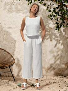 EMERY ROSE 2pcs/Set Women Casual Solid Side-Tied Sleeveless Top And Pants Set - White - View 6