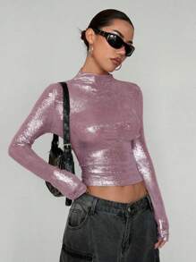 StreetHx Blusa de mujer de cuello alto, mangas largas y ajuste slim con acabado brillante