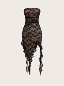 SHEIN ICON Damens Y2K Frühlings-Sommer Outfits Club Party asymmetrisches Spitzen-Patchwork Trägerkleid Sexy Kleid - Schwarz - Übersicht 1