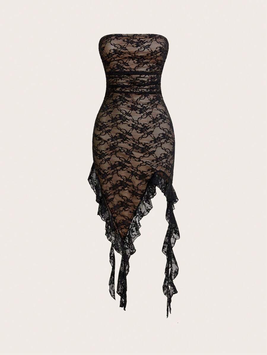 SHEIN ICON Damens Y2K Frühlings-Sommer Outfits Club Party asymmetrisches Spitzen-Patchwork Trägerkleid Sexy Kleid - Schwarz - Übersicht 1