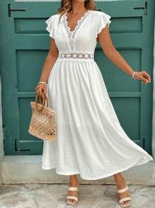 SHEIN Clasi Vestidos de primavera y verano para mujer, tallas grandes, de punto jacquard blanco, encaje elástico, cuello y cintura patchwork, corte en A, manga corta, elegantes vestidos de verano, vestidos blancos, vestidos de verano, vestidos blancos, vestidos elegantes, vestidos de verano, vestidos de tallas grandes, vestidos elegantes, vestidos de fiesta.
