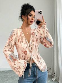 Calvaya Women's Spring Autumn Pleated Tie-Dye Fabric Front Tie Fashion Blouse Women Shirt,Long Sleeve Tops