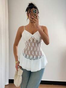 Elenzga Women's Lace Splicing Sheer Camisole - White - View 1