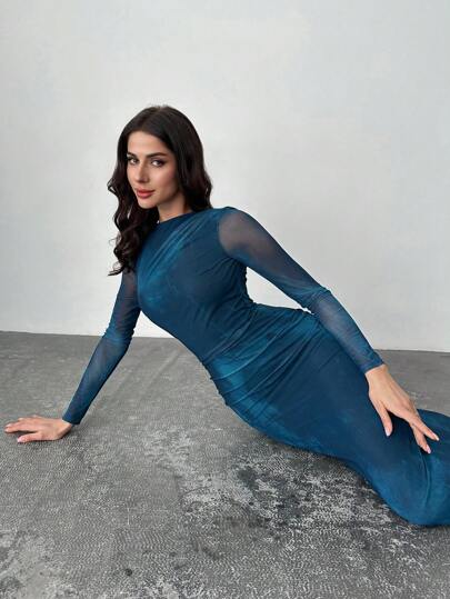 Firerie Vestido largo de manga larga con degradado azul-verde y malla para mujer, para ir a trabajar/elegante/vacaciones/playa/Hawái/Día de San Valentín